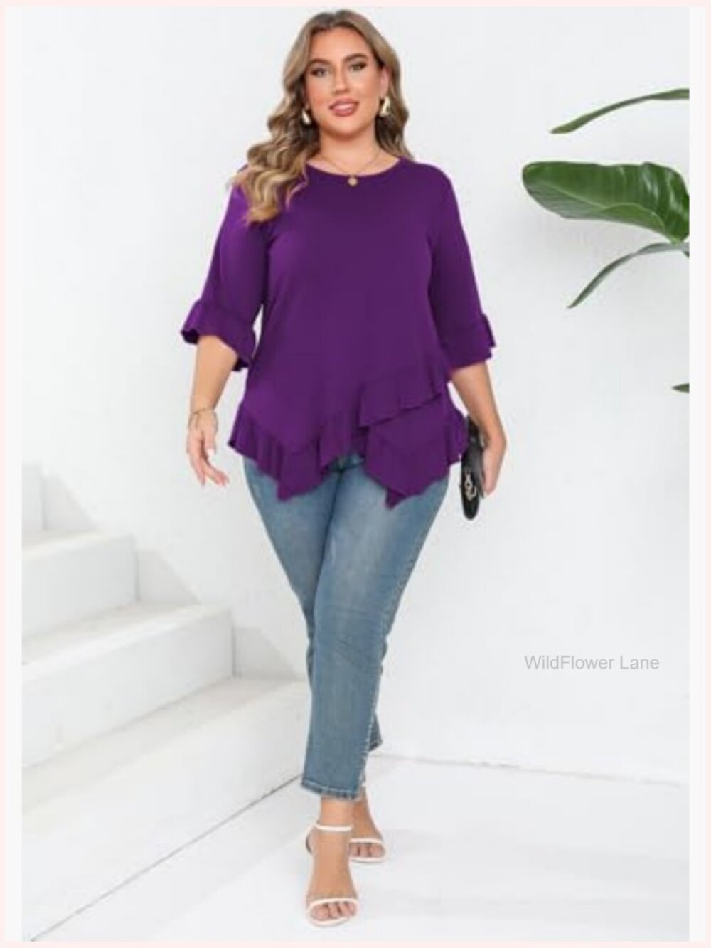 Women's Plus Size Ruffle Hem Tunic Top 3/4 Bell Sleeve Crew Neck Flowy Blouse - Picture 3 of 7
